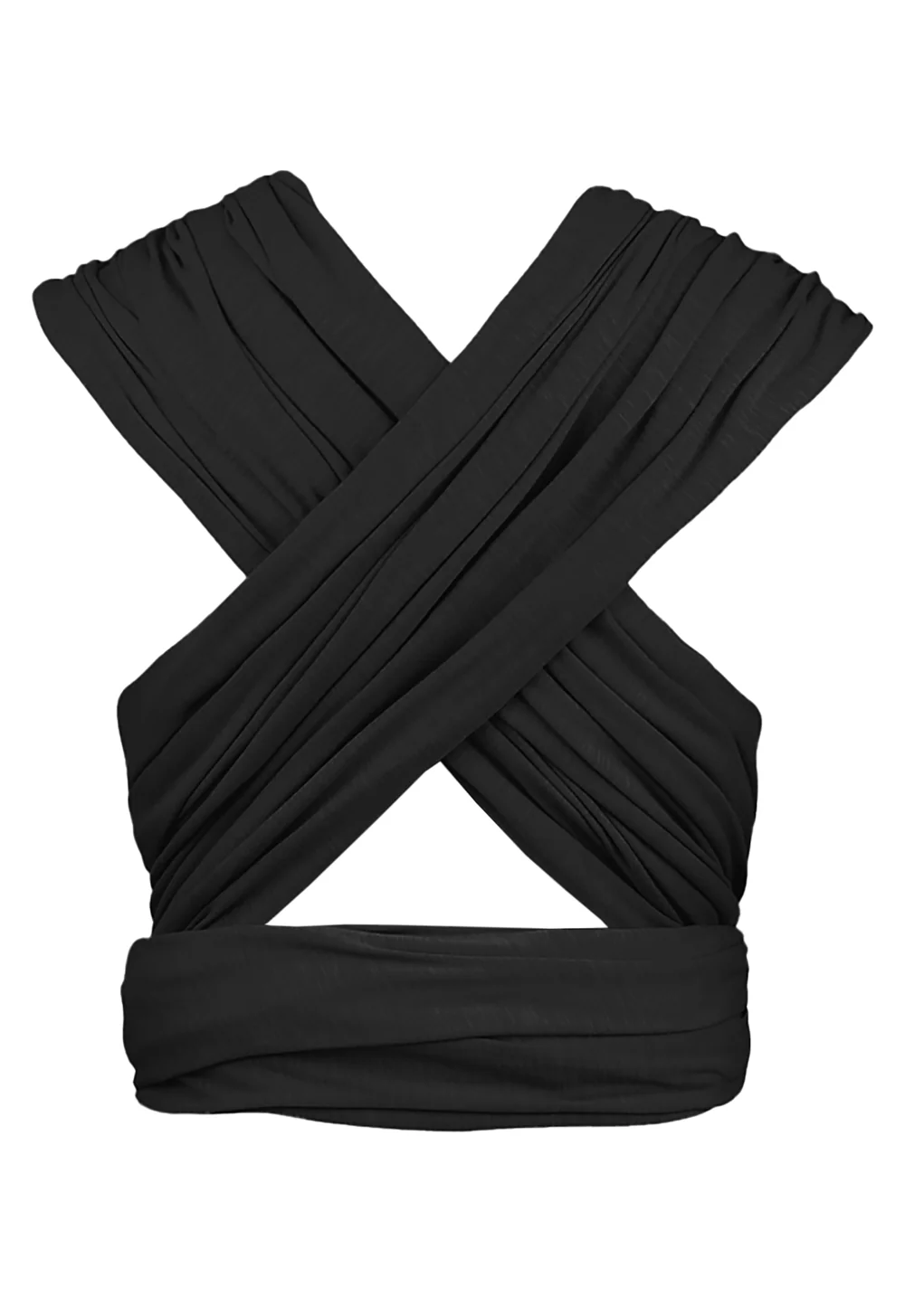 manduca Sling Babytragetuch in Schwarz, gekreuzte Träger in Rückansicht auf weißem Hintergrund.
