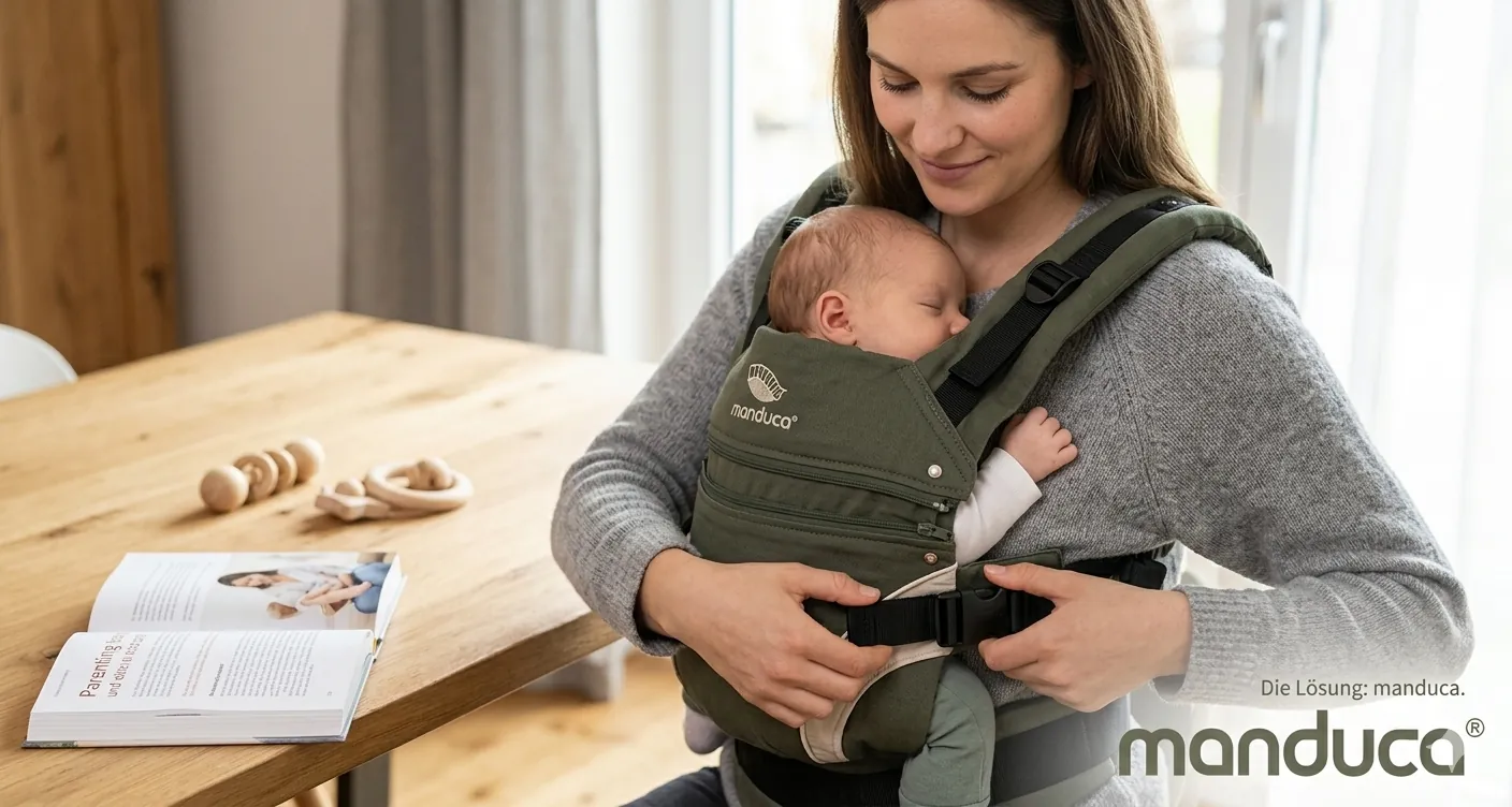 Eine entspannte Mutter, die ihr schlafendes Baby sicher und einfach in einer manduca Tragehilfe anschnallt, in einem gemütlichen Wohnzimmer mit einem offenen Parenting-Buch und dem manduca Logo.