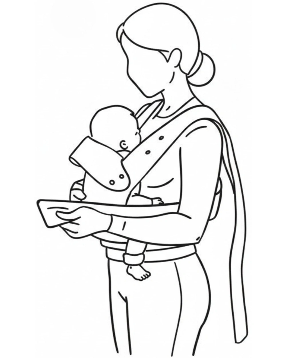 Seitenansicht: Baby sitzt in der Marsupi-Trage am Bauch, die Träger werden nach hinten geführt und zum Schließen vorbereitet