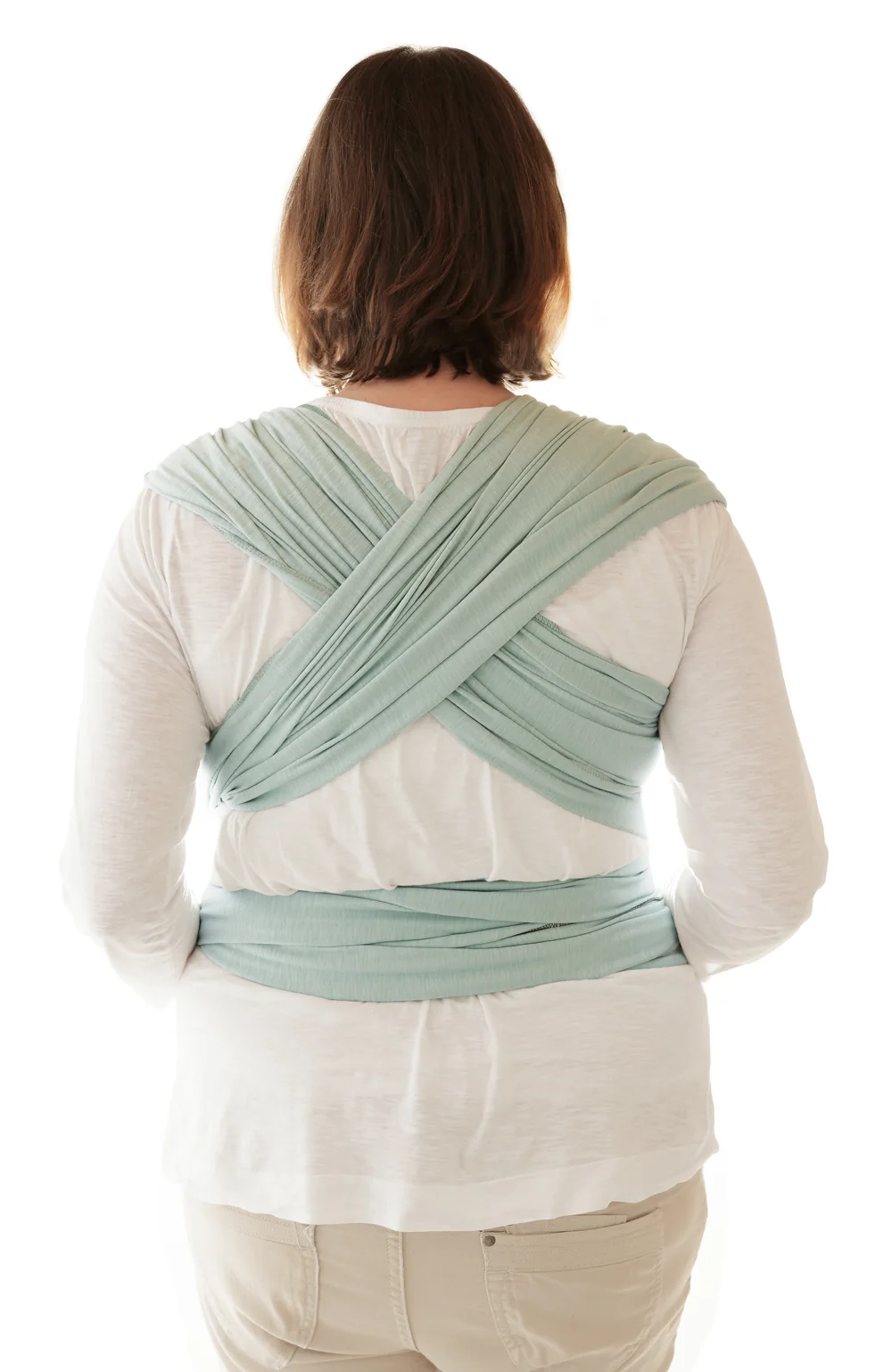 Rückansicht: manduca Sling baby-tragetuch in Mintgrün, Trägerbahnen über Kreuz am Rücken auf weißem Hintergrund