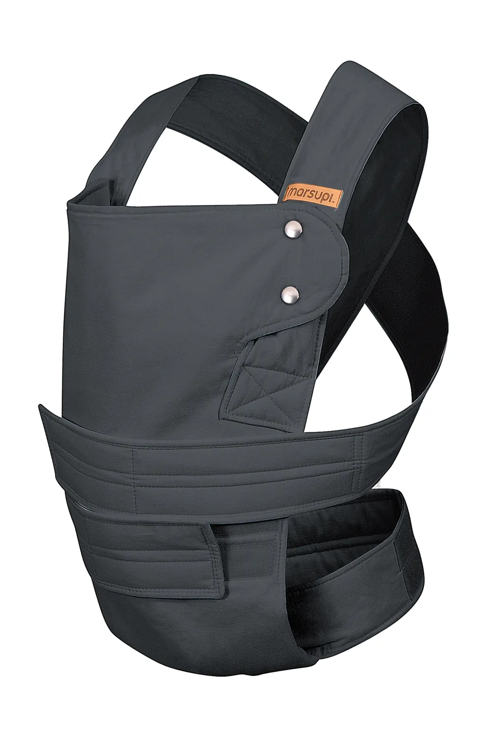 Marsupi Classic 2 Babytrage in Grau (Grey) – Produktfoto schräg von vorn auf weißem Hintergrund.