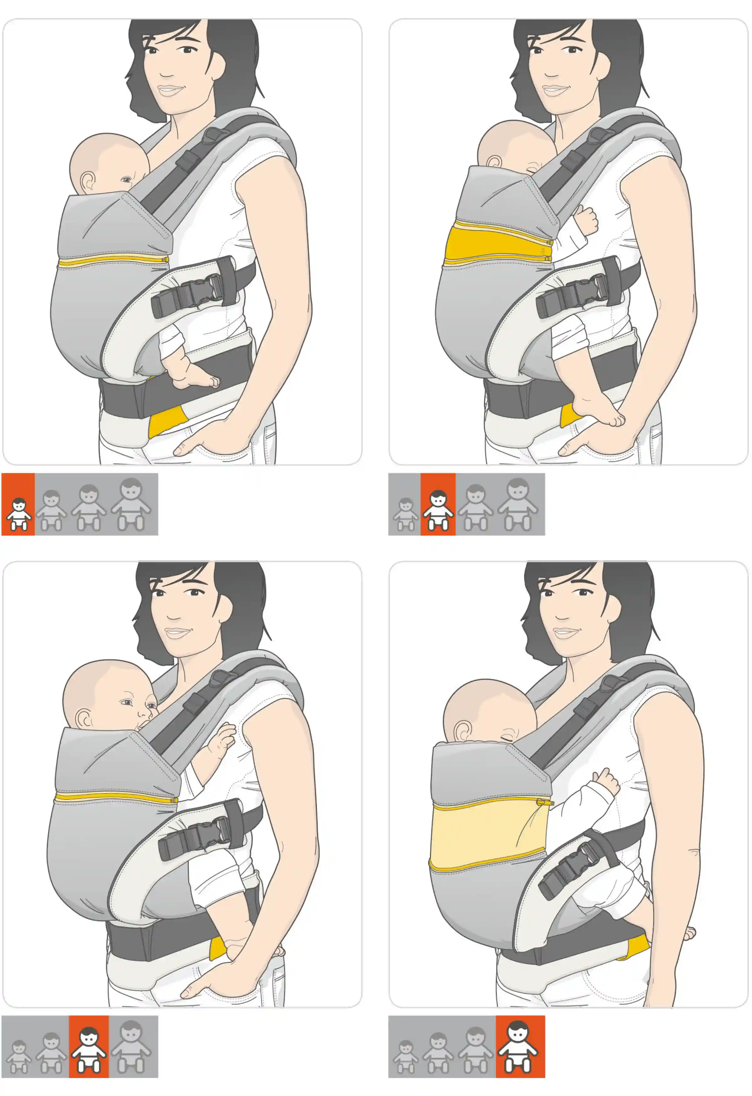 manduca-XT-Rueckenpanel Symbolisiert in verschieden Baby größen