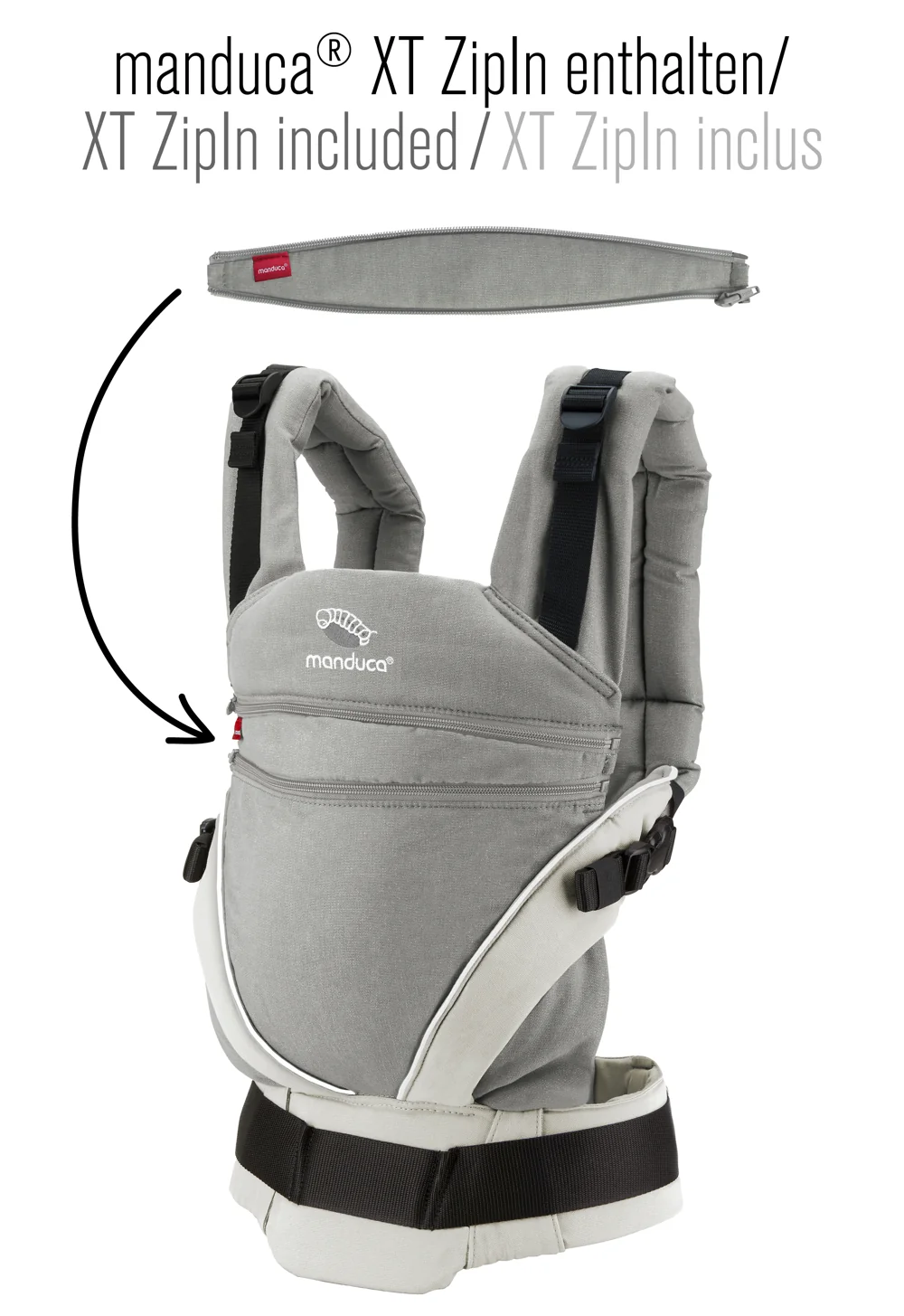 manduca XT Babytrage Grey/White – Infografik: ZipIn Einsatz enthalten