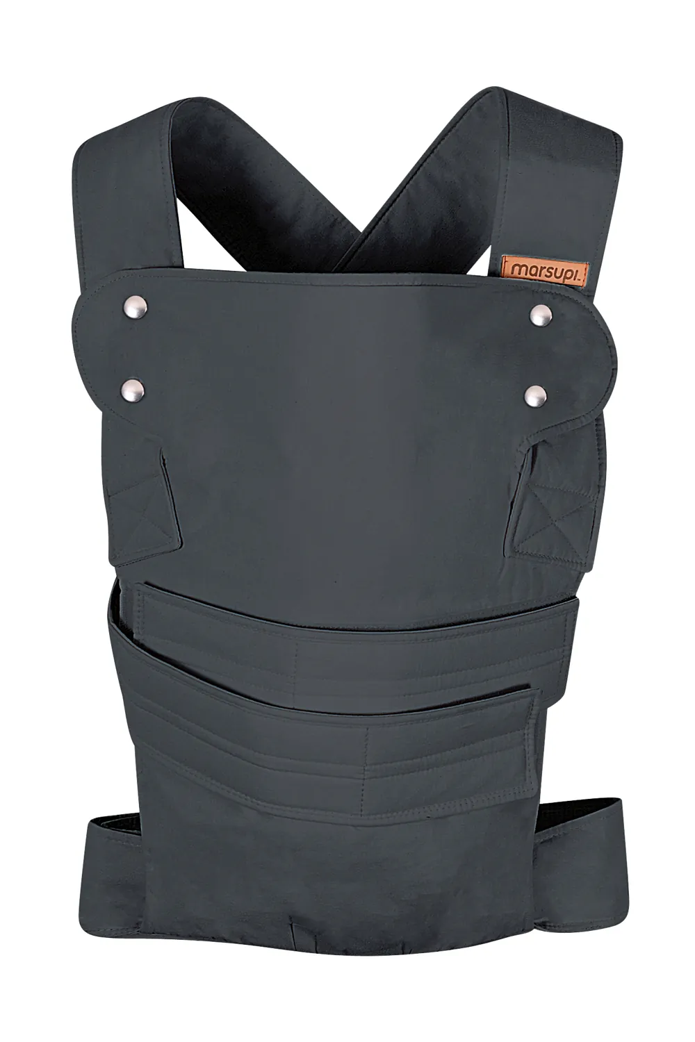 Marsupi Classic 2 Babytrage in Grau (Grey) – Frontansicht als Produktfoto auf weißem Hintergrund.