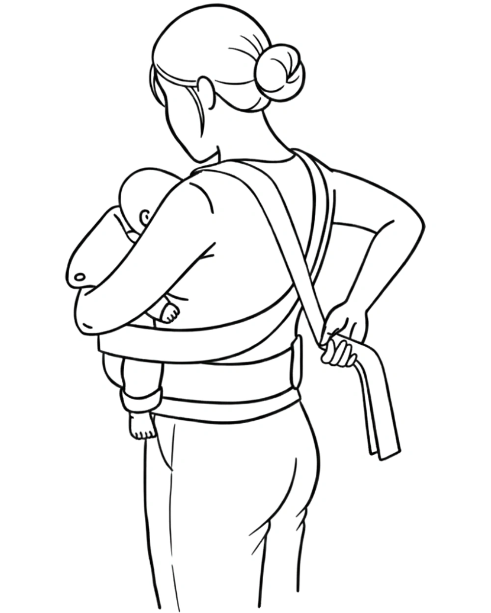 Mutter als Trägerin hält das Baby vor der Brust, die Marsupi-Klettverschluss hängt hinten herunter die Frau packt den Stoff