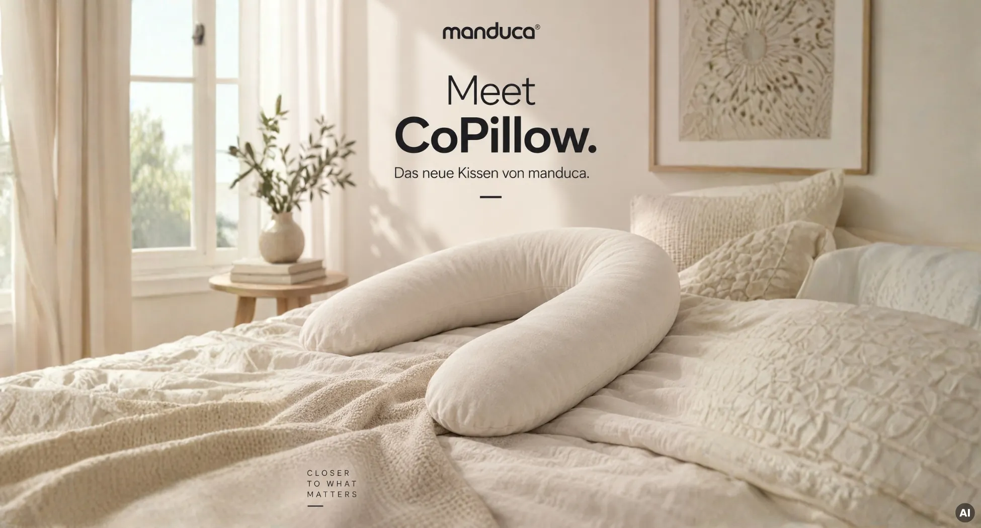 manduca Copillow Stillkissen in einem Hellen BeigenSchalfzimmer auf dem Bett platziert