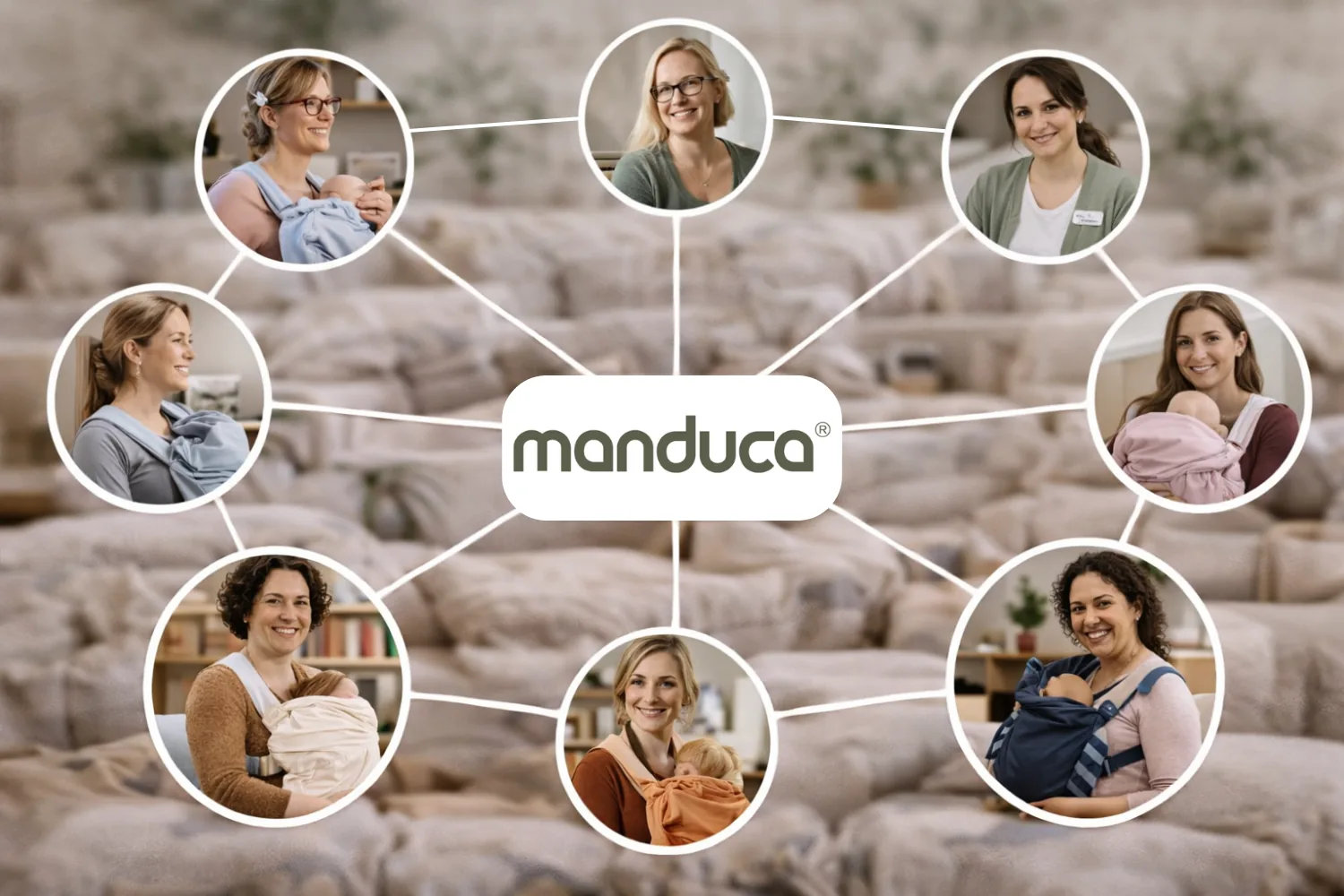 Symbolbild eines manduca Partnernetzwerks mit mehreren Hebammen und Trageberaterinnen, die über einfache Linien mit dem manduca Logo in der Mitte verbunden sind.
