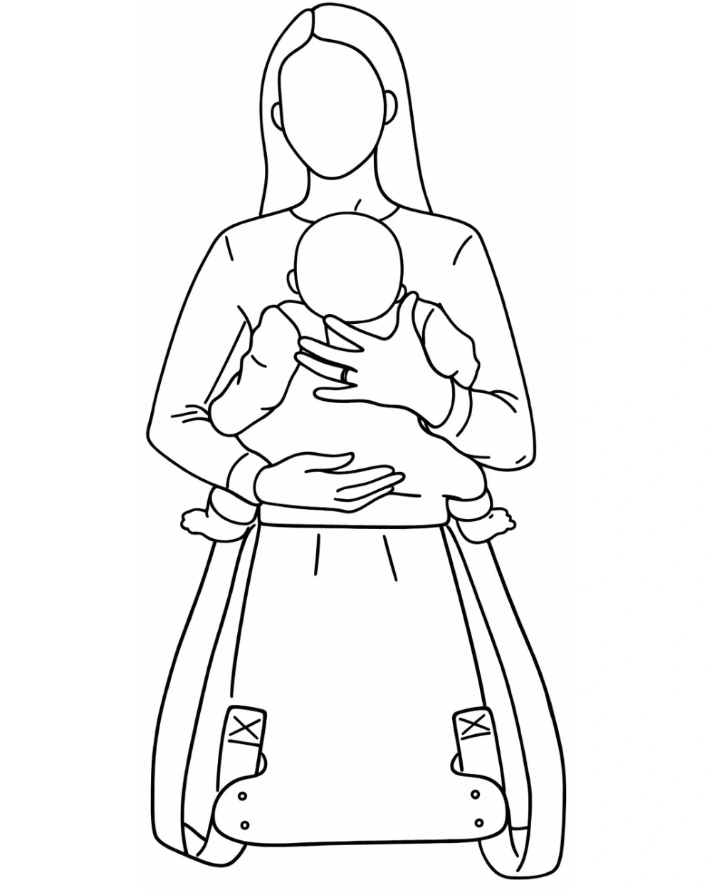 Trägerin hält das Baby vor der Brust, die Marsupi-Trage hängt vorne wie eine Schürze mit herunterhängenden Trägern.