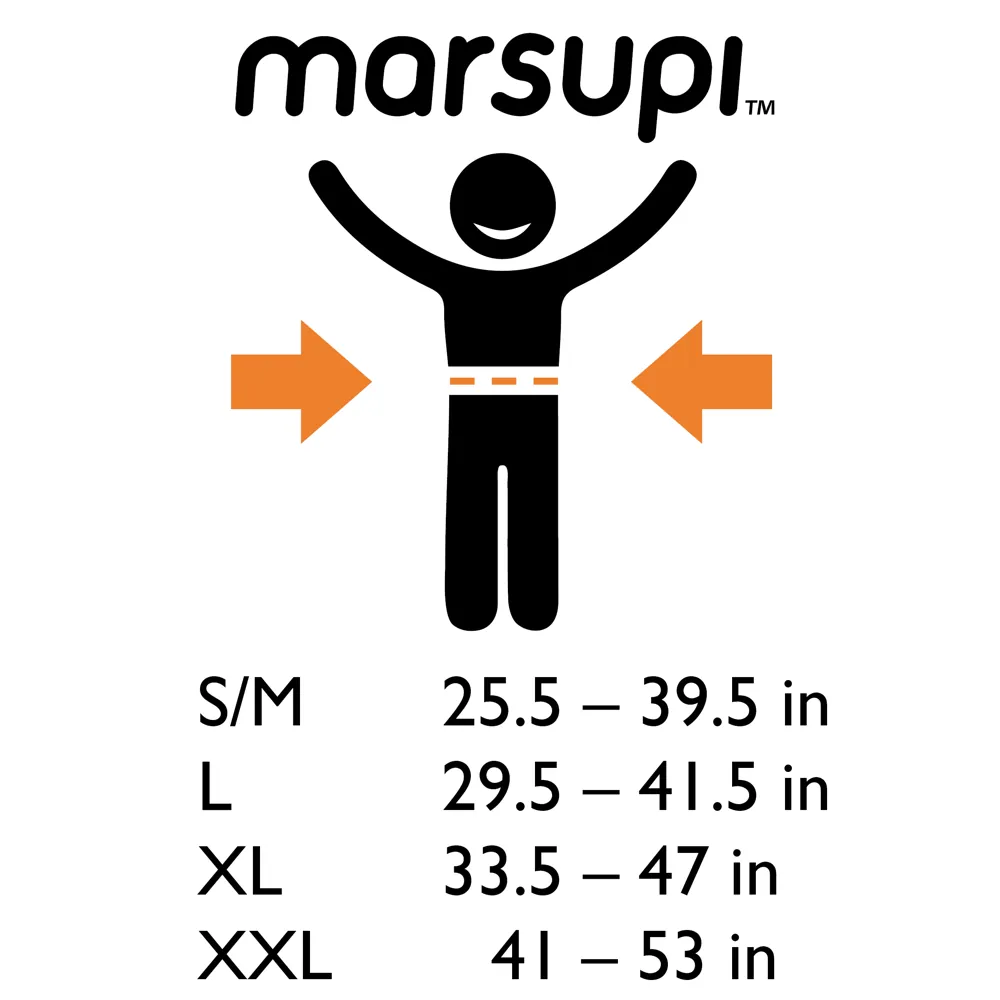marsupi size chart (inches): waist size S/M 25.5–39.5 in, L 29.5–41.5 in, XL 33.5–47 in, XXL 41–53 in