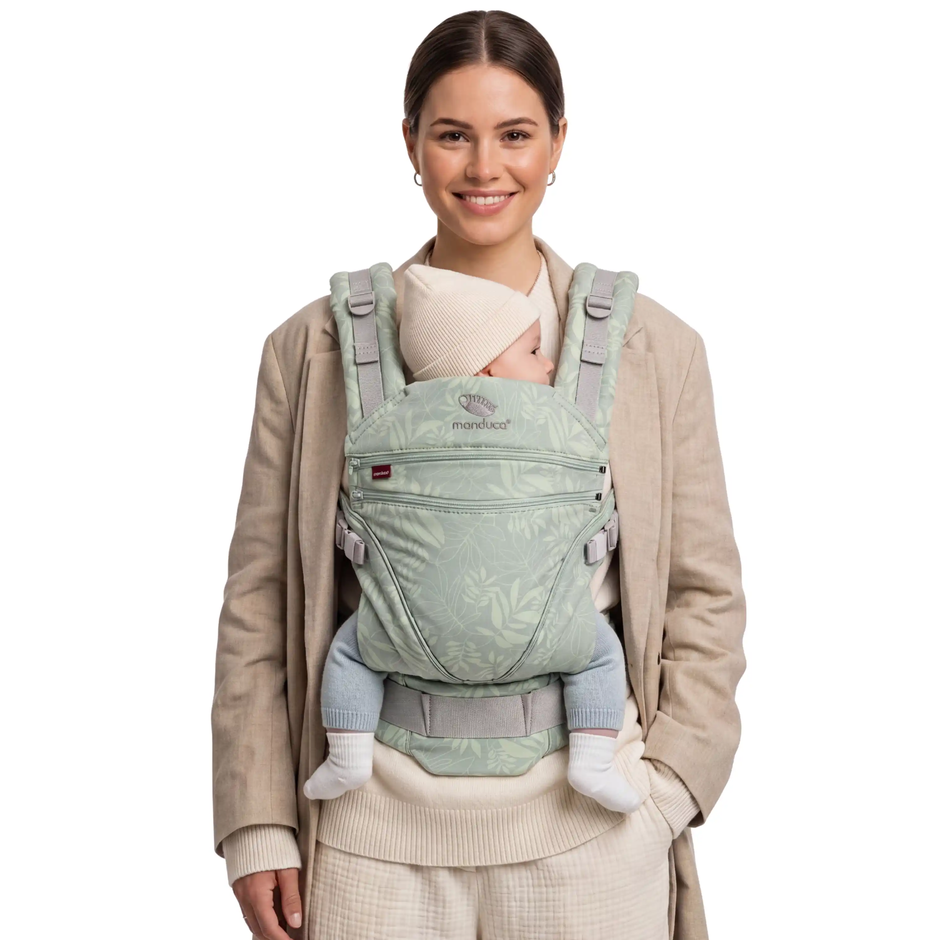 manduca XT Babytrage Botanic Green getragen mit Baby