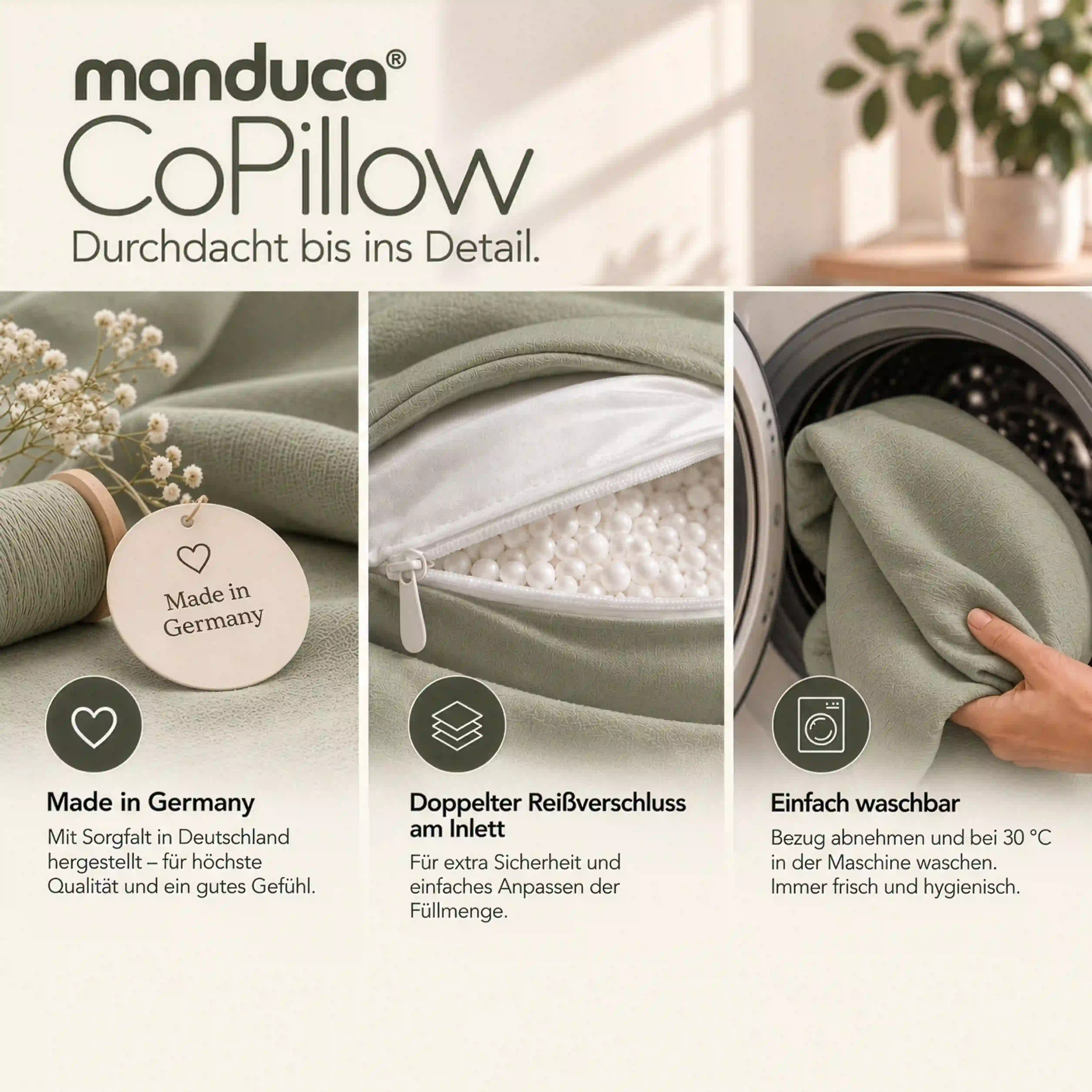 manduca CoPillow Quiet Sage mit Füllung, Reißverschluss und waschbarem Bezug