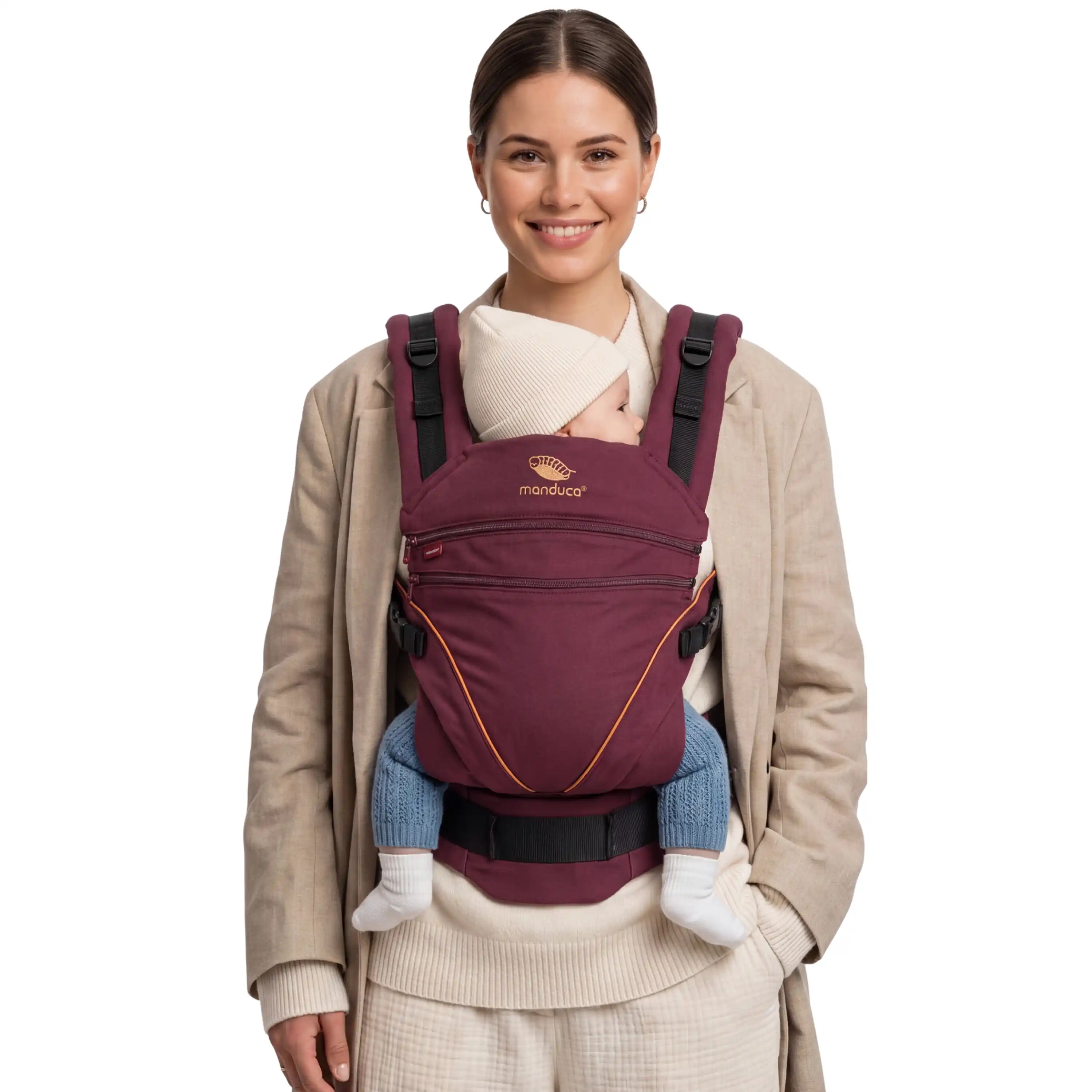 manduca XT Babytrage Denim Berry getragen mit Baby