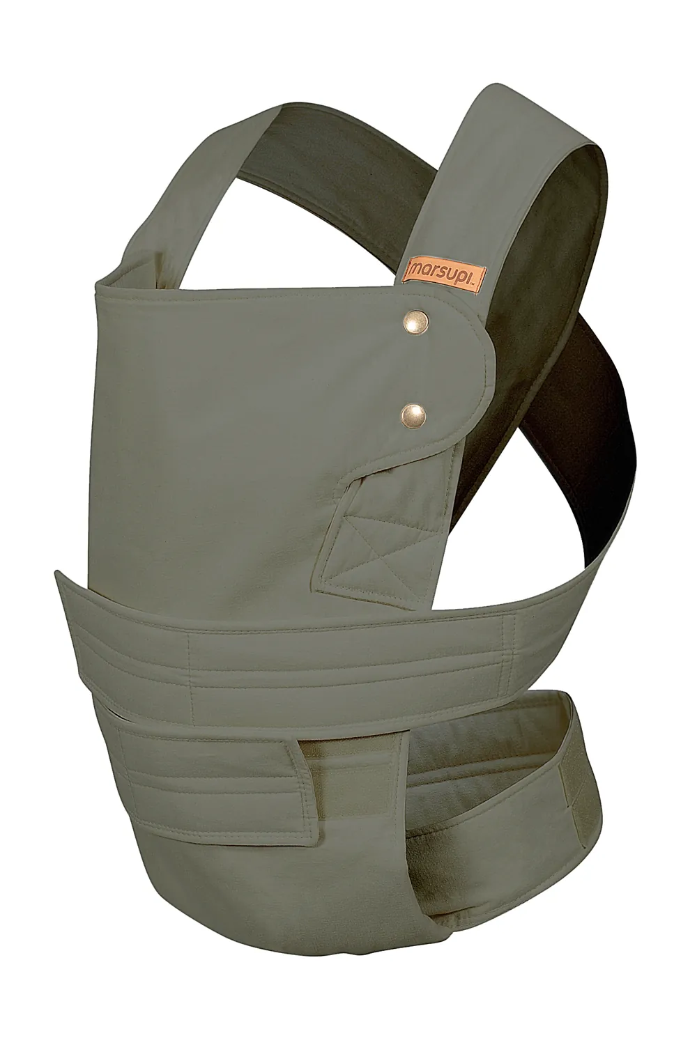 Marsupi Classic 2 Babytrage Olivgrün in Schrägansicht vor weißem Hintergrund