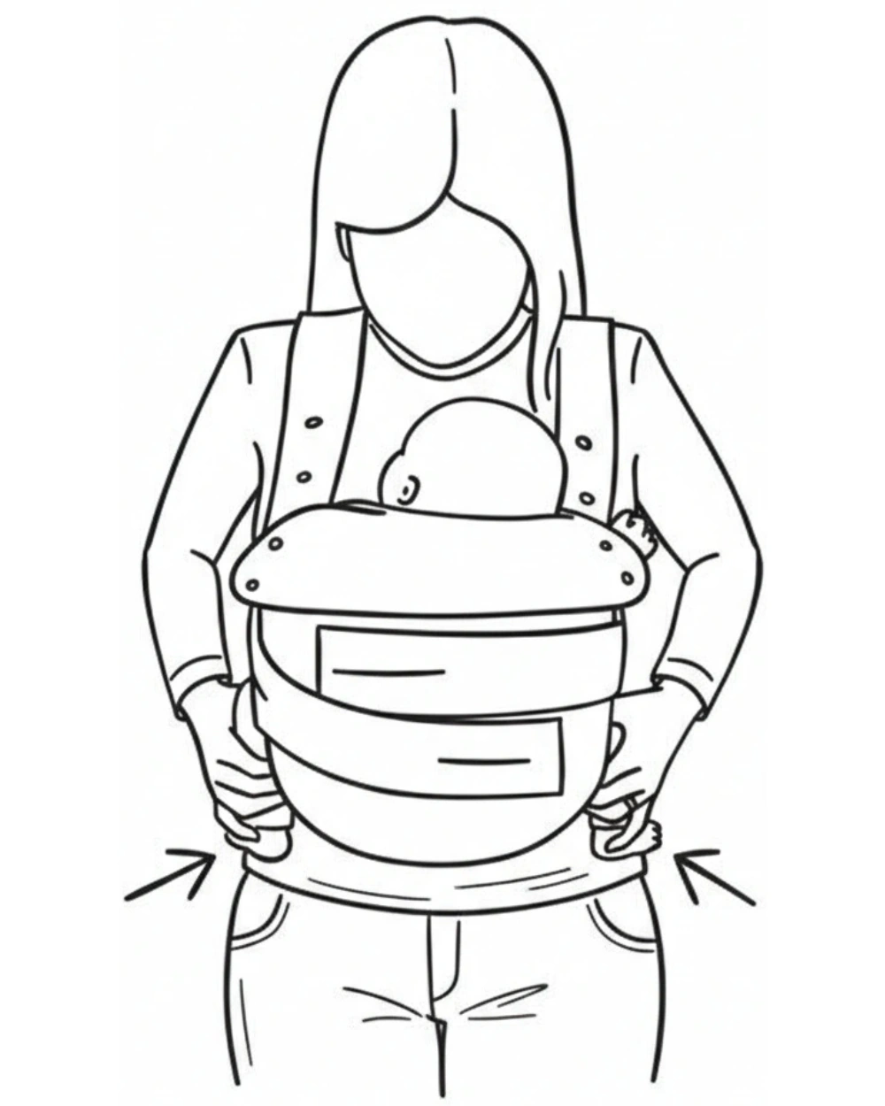 Mutter als Trägerin hält das Baby in der marsupi babytrage vor der Brust minimalistisch symbolisiert, die M-Position wird mit pfeilen markiert