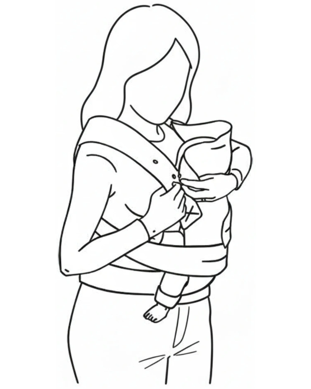 Mutter als Trägerin hält das Baby in der marsupi babytrage vor der Brust minimalistisch symbolisiert, Babyträgerin umschließt Kapuze der Babytrage an Knopf