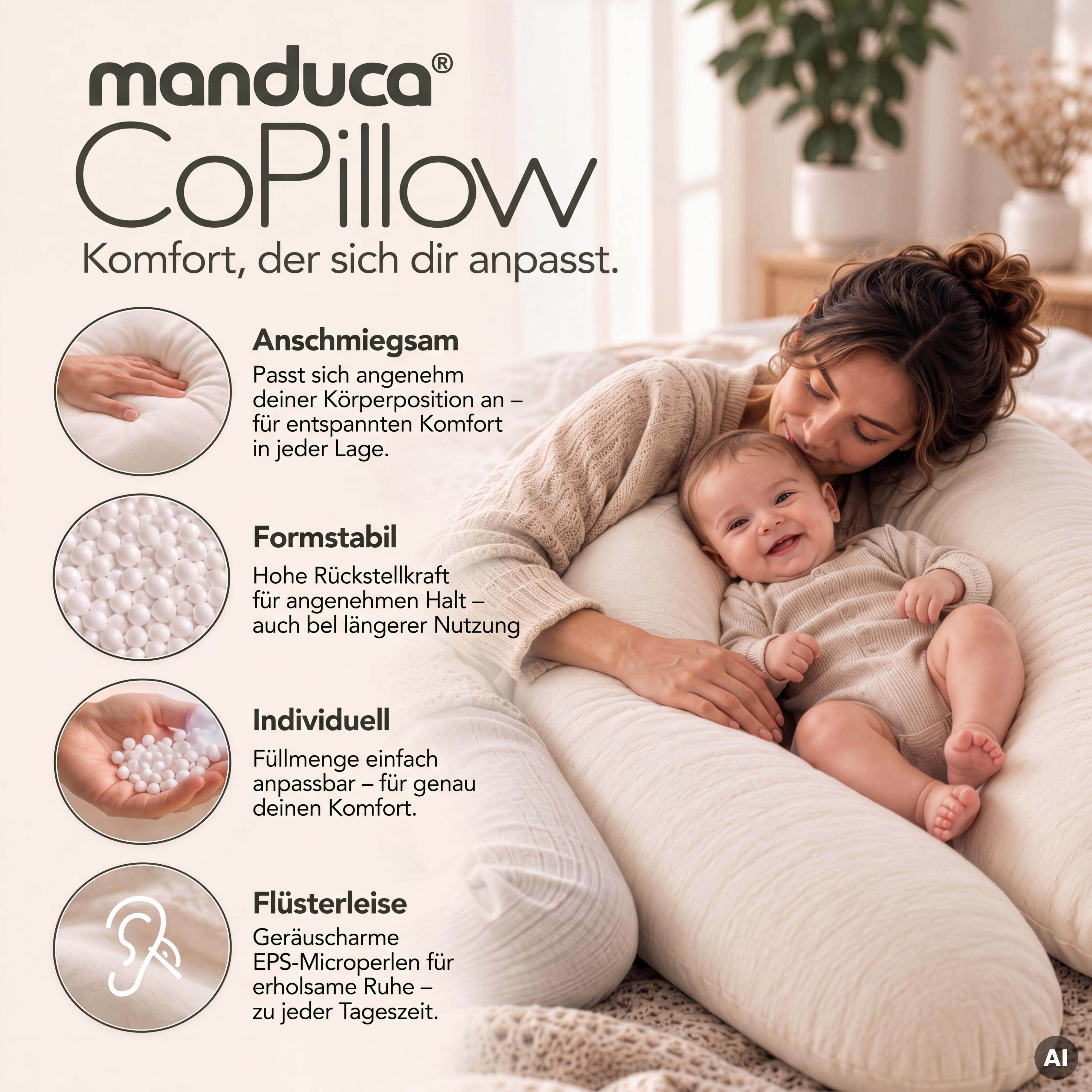 manduca CoPillow Soft Ivory als anpassbares Still- und Lagerungskissen